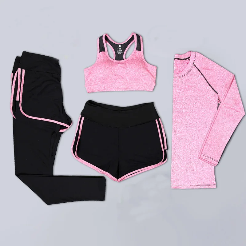 4 Piece Yoga Set Women Yoga Clothes UMLIFE Fitness Running Outdoor Tracksuit Patchwork Sport Yoga Suit High Elastic Sports Set (29)