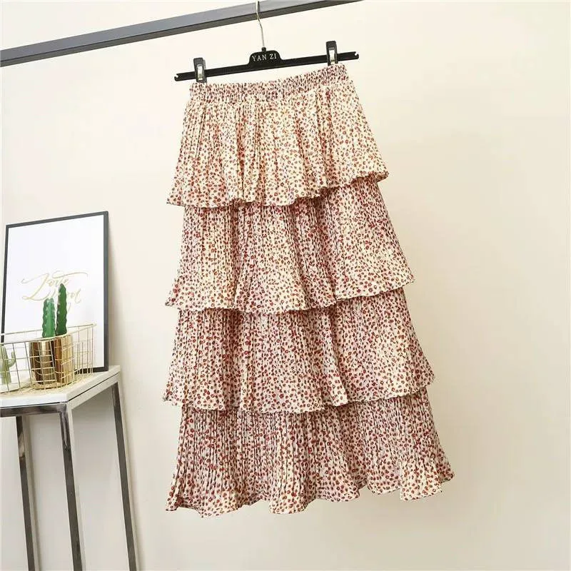 Günstig Strand 12 farben Schwarz Floral Polka Dot Gedruckt Schichten Tiered Lange Röcke Frauen Sommer Chiffon Böhmischen Asymmertical Jupe Saia