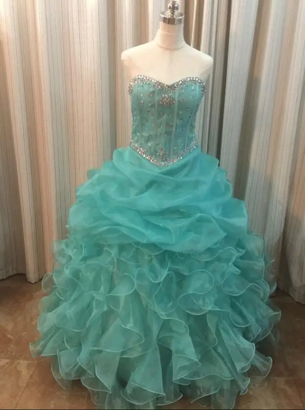2016 Mint Green Quinceanera Dresses Crystal Organza Ball Gown Vestidos