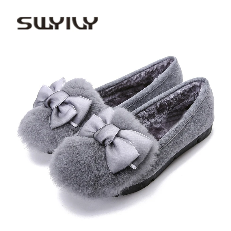 SWYIVY 32 43 Plus Size Loafers Flats Shoes Woman Fur Autumn Winter 2018 Warm Velvet Female Casual Shoes Bow Lady Flats Snowboots