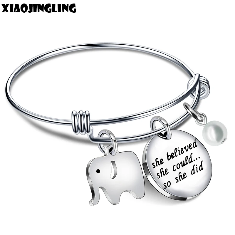 

XIAOJINGLING Trendy Stainless Steel Bracelets She Believed She Could So She Did Life Tree Pendant Pearl Bangles Birthday Gifts