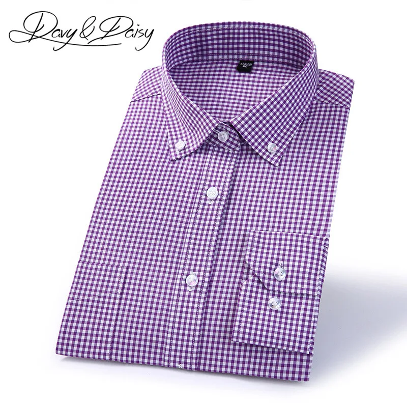 DAVYDAISY 100% Cotton Men Shirt Long Sleeved Plaid Striped Casual Business Dress Shirts DS151