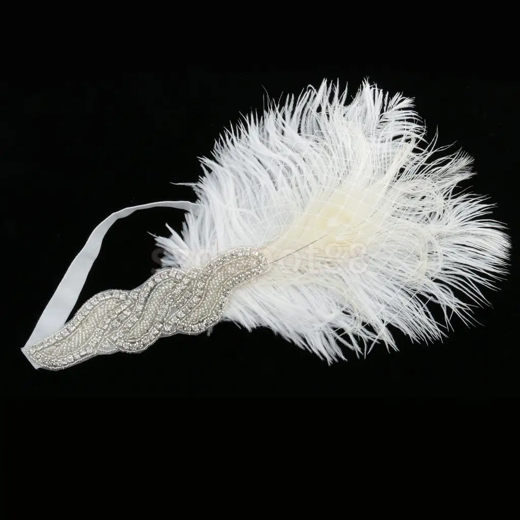 Женская эластичная повязка на голову с перьями, 20 s, Гэтсби, стразы, бисер, украшение на лоб, Свадебный церковный аксессуар для волос