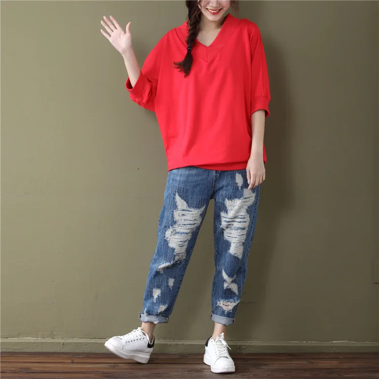 Летняя Свободная Женская футболка размера плюс с коротким рукавом, Корейская версия, с буквенным принтом, v-образный вырез, рукав летучая мышь, топы - Цвет: red