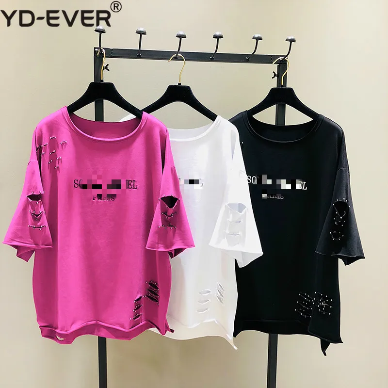 

2019 Summer Autumn Women T-shirt Fashion Beaded Letter Embroidery Hole Cotton Shirt Long Girls Tops Loose T Shirts