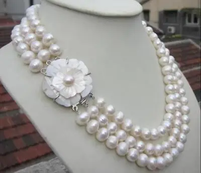 

beautiful Three 9-10mm rows South Sea natural white pearl necklace 18-20 inch t