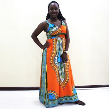 

African Clothing 100% Cotton African Dashiki Print Bohemian Orange Strap Long Dress For Ladies
