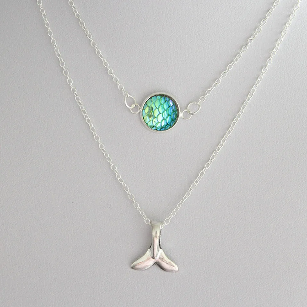 

DoreenBeads Resin Mermaid Fish / Dragon Scale Double Layered Necklace Dull Silver Color Whale Tail Round AB Color 1 Piece