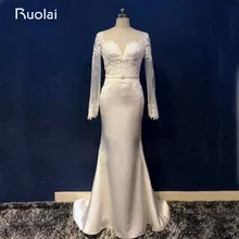 Real Photo Sexy Satin Mermaid Wedding Gown Scoop Long Sleeves Appliqued Beaded Wedding Dress Bridal Gown Vestido de Novia ASAW42