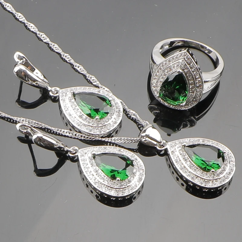 

Drop Green Cubic Zirconia White CZ 925 Sterling Silver Bridal Jewelry Sets For Women Sliver Pendant/Necklace/Earrings/Rings