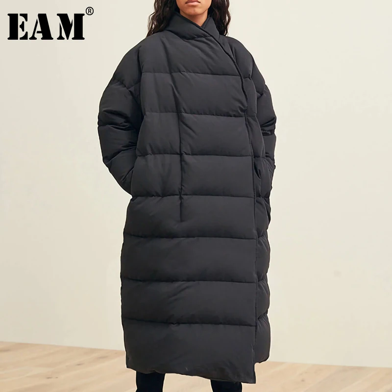 

[EAM] 2019 Spring Winter Woman Stylish New Black Color Long Sleeve Stand Collar Keep Warm Thick Long Loose Down Jackets LE396