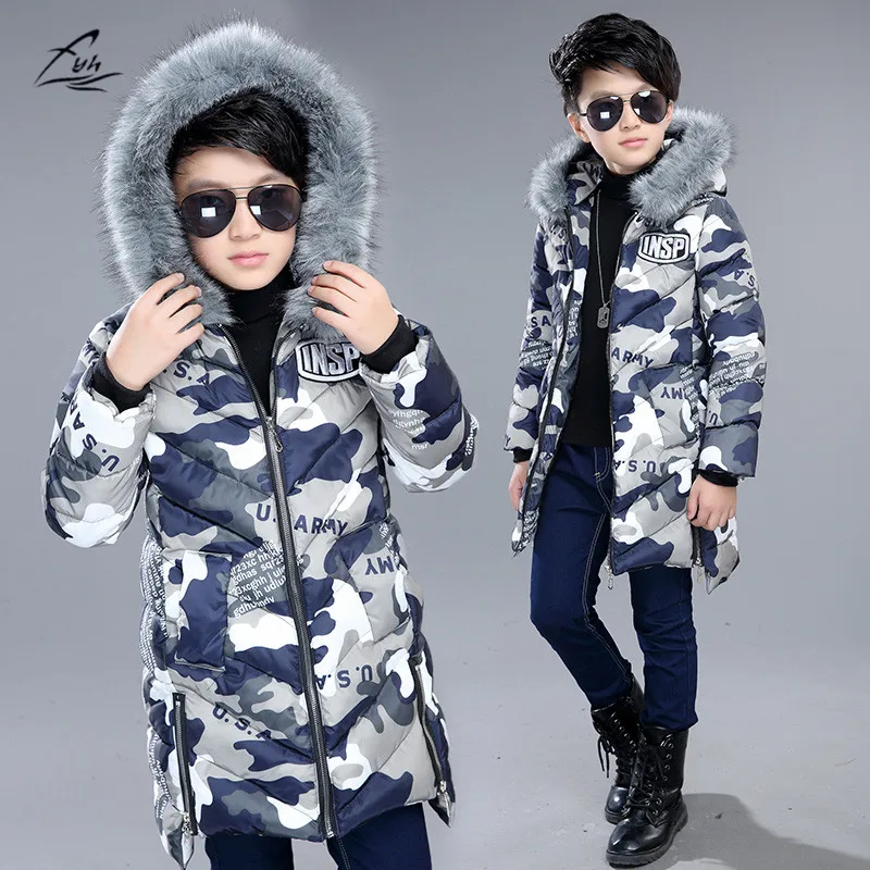 

FYH Kids Clothes Winter Boys Fur Hooded Parka School Children Winter Outwear Black Camouflage Boys Warm Thick Cotton Padded Coat