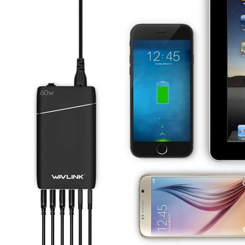

6-Port USB/USB-C Charger HUB 60W 12A Desktop Wall Socket Charging Extension Travel Power Adapter Wavlink for iPhone iPad Android