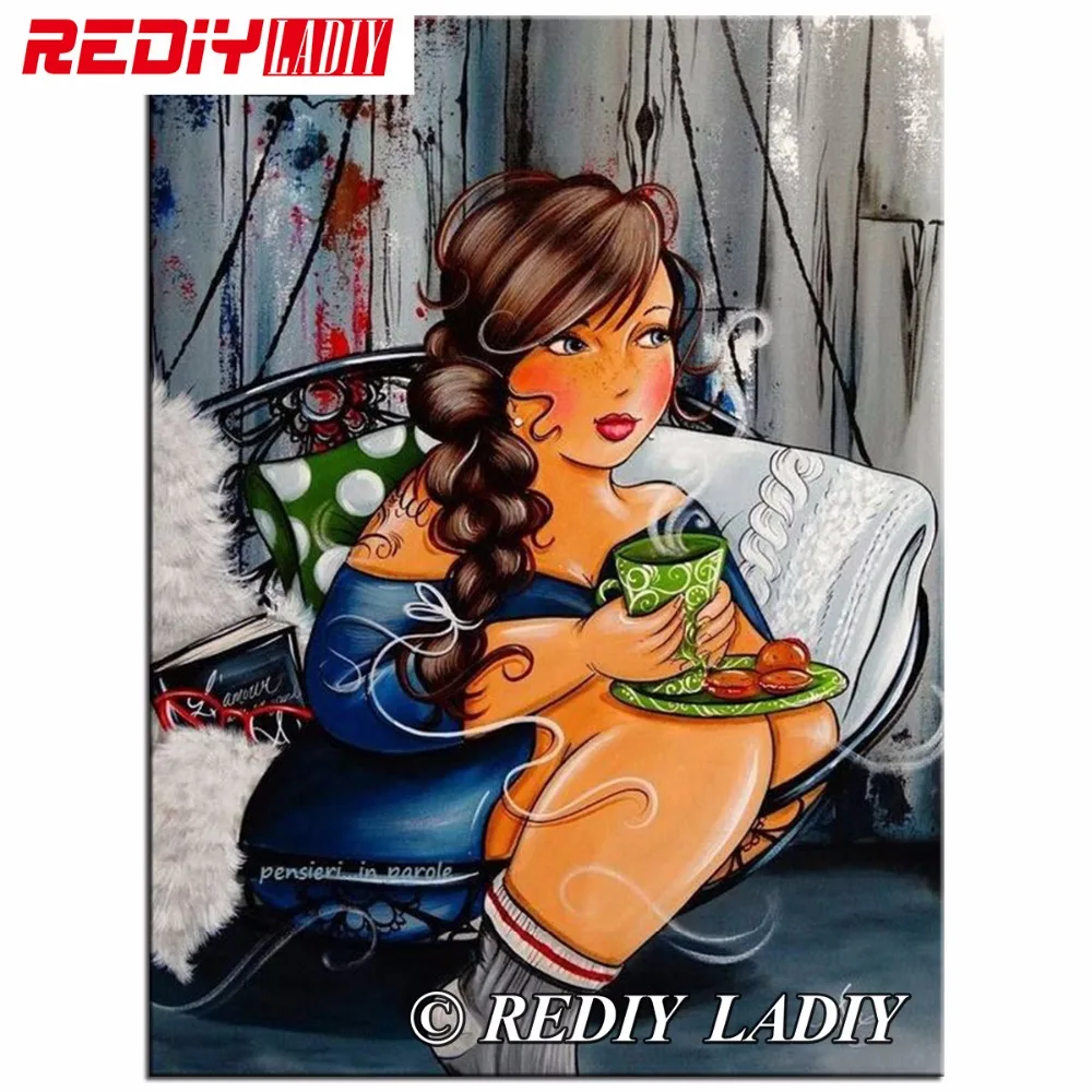 

REDIY LADIY Diamond Painting Cross Stitch Girl with Coffee Crystal Needlework Diamond Embroidery Full Diamond Mosaic Decorative