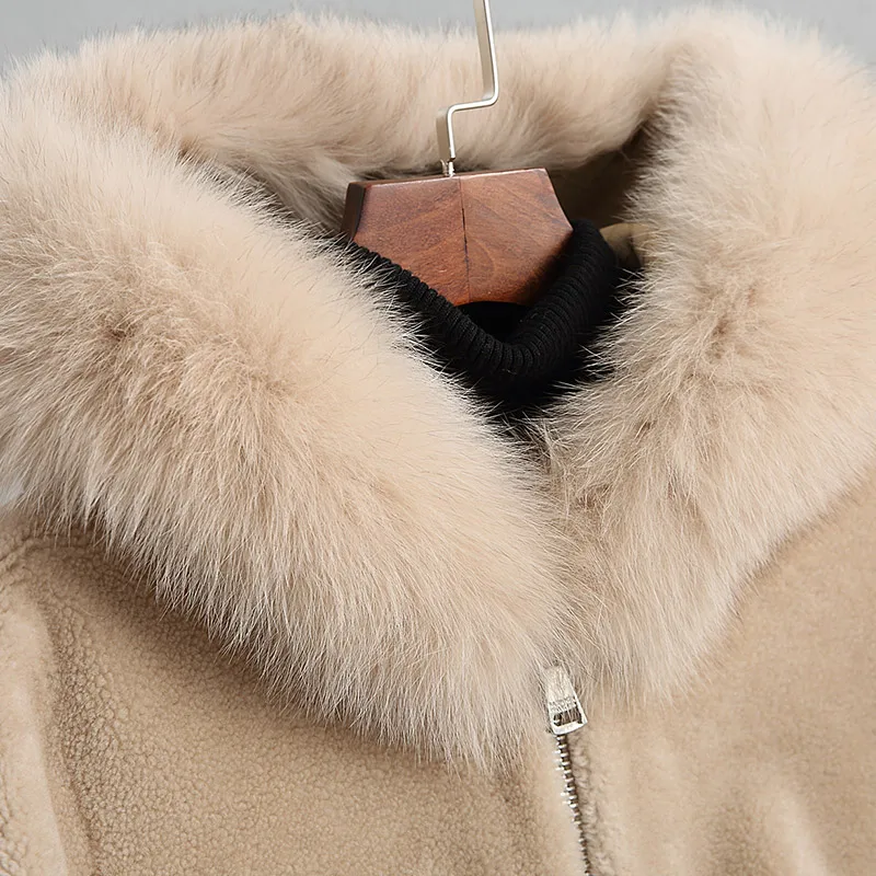 AYUNSUE, женские пальто из овечьей шерсти, натуральный Лисий мех, воротник с капюшоном, Настоящая Шерсть, шуба, женская зимняя куртка для стрижки овец 18154, WYQ2022
