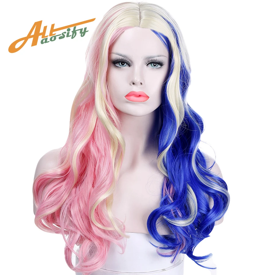 

Comic Harley Quinn Synthetic Wig Mixed Color Blue and Pink Ombre Color Long Wavy Wig Allaosify