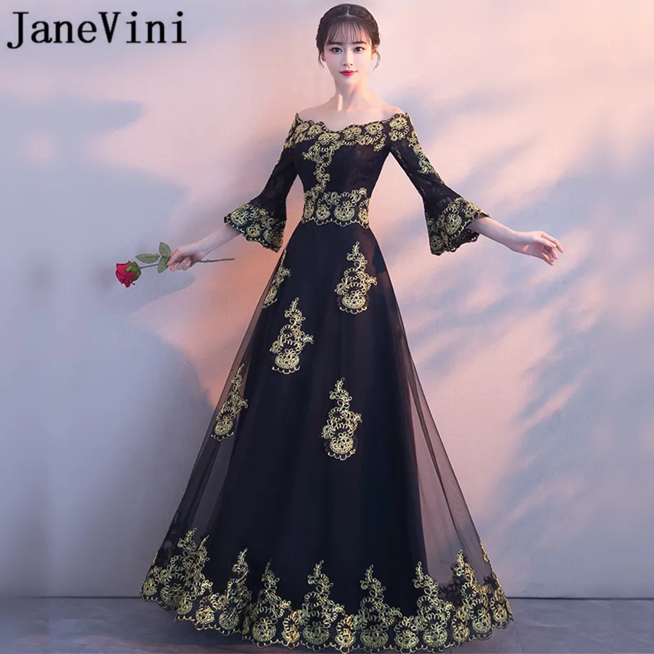 

JaneVini Arabic Black Long Godmother Gowns Mother of the Bride Dresses With Gold Lace Appliques Evening Formal Dress for Women