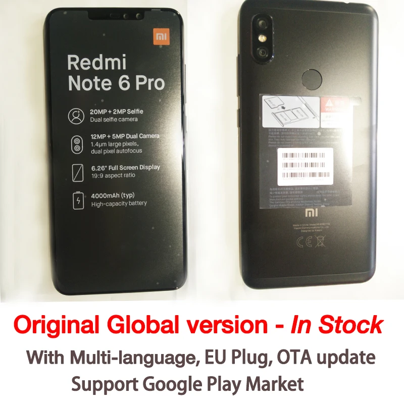 Xiaomi Redmi Note 6 Pro, 4 ГБ, 64 ГБ, Восьмиядерный процессор Snapdragon 636, полноэкранный мобильный телефон 6,26 дюйма, двойная камера AI, металлический корпус, CE