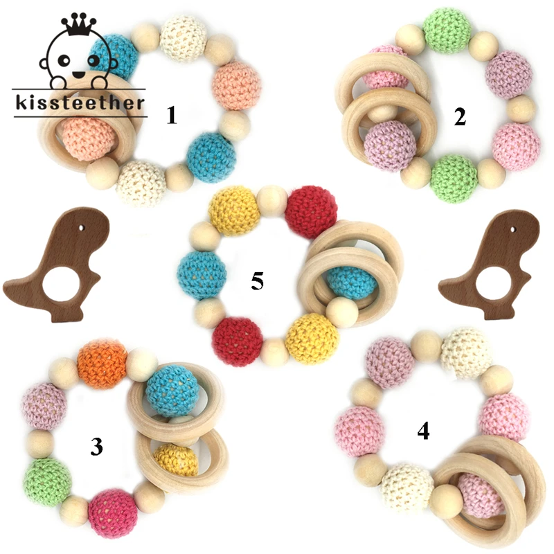 2pcs Crochet Beads Teething Ring Natural Round Wood Bracelet Baby