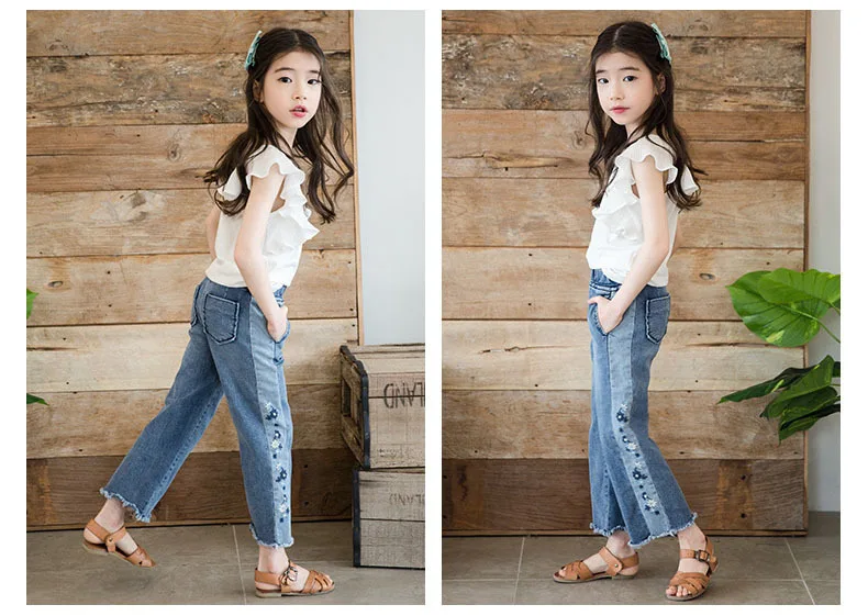 2019 Children Summer 2 Pcs Sets Girls Sleeveless Ruffles Cotton T Shirts & Embroidery Floral Jeans Kids Outfits Clothes Girls  (8).jpg