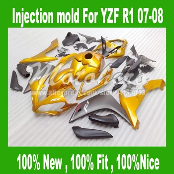 

100%Fit injection fairing kit for Yamaha YZF R1 07 08 2007 2008 Gold black YZF-R1 07-08 YZF1000 R1 07 08 ABS fairings parts #75h