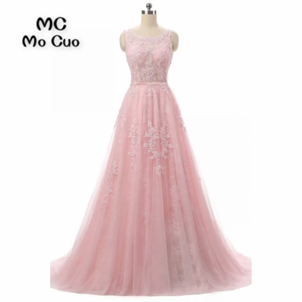 

2018 Blush Pink Prom Dresses with Appliques V-Back Tank Tulle Formal Evening Party Dress for Women 100% Real Sample