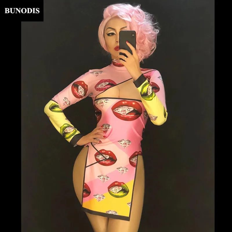 BU331 Для женщин Сексуальная короткая юбка Cheongsam 3D с принтом губ со стразами для