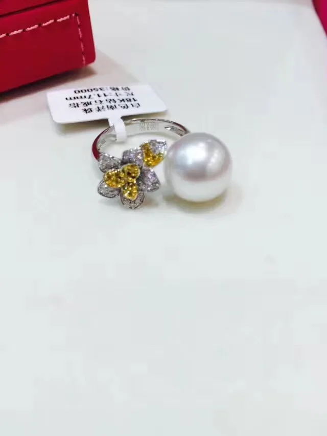 

11-12MM natural southsea pearl ring 18K white gold with white diamond and yellow diamond flower adjustable ring fine jewelry