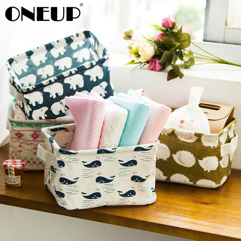 ONEUP DIY Cute Printing Desktop Storage Basket Organizer Cotton Linen Makeup Sundries Storage Box Cabinet Underwear Storage Bag