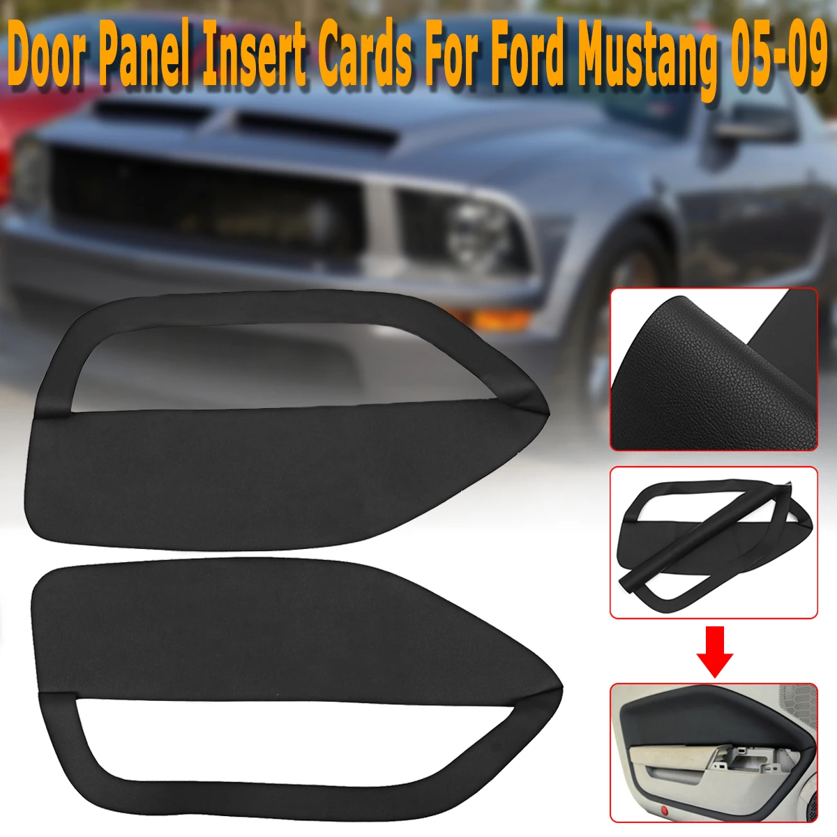 

2Pcs/set Door Panel Insert Cards Cover Black Synthetic Leather Black Fit for Ford for Mustang 2005 - 2009 Front Door Plate Parts