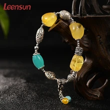 Leensun ювелирные изделия, ручной работы из стерлингового серебра 925 пробы с янтарным и пчелиным воском и амазонитом браслет/браслет подарок для женщин