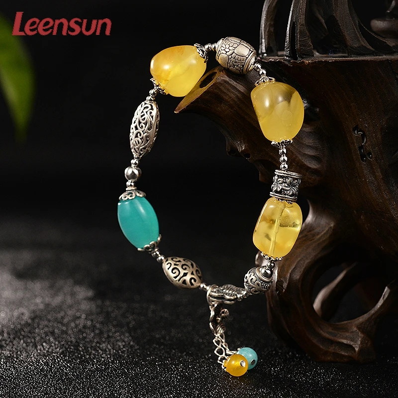 Leensun ювелирные изделия ручной работы из стерлингового серебра 925 пробы с янтарным