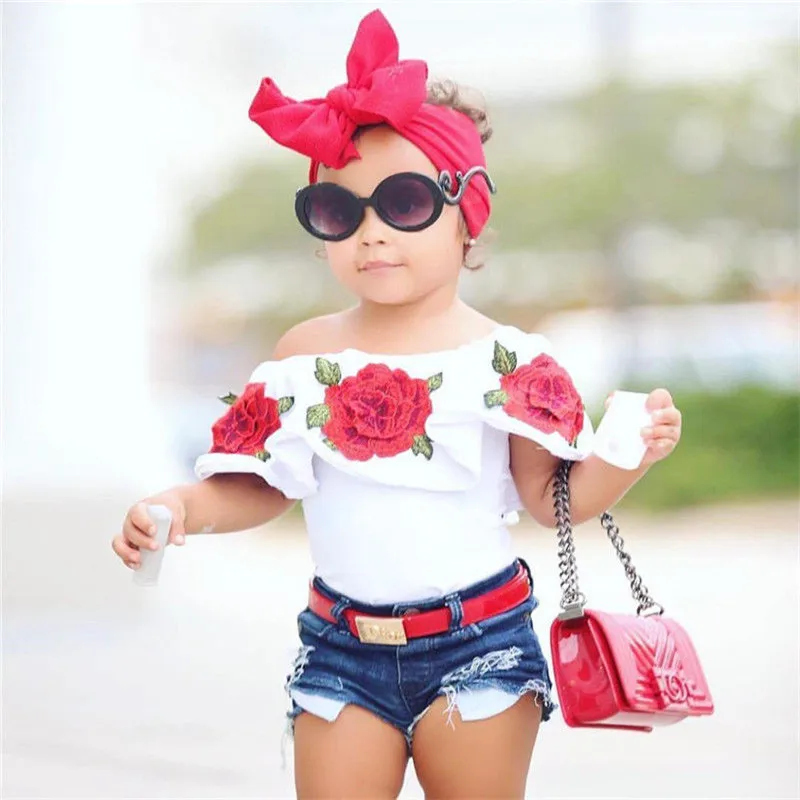 

Summer Baby Kids Girls Clothes 3D Flower print sleeveless Ruffle round neck pullover T-Shirts Denim Hole Pants 2pc cotton Set