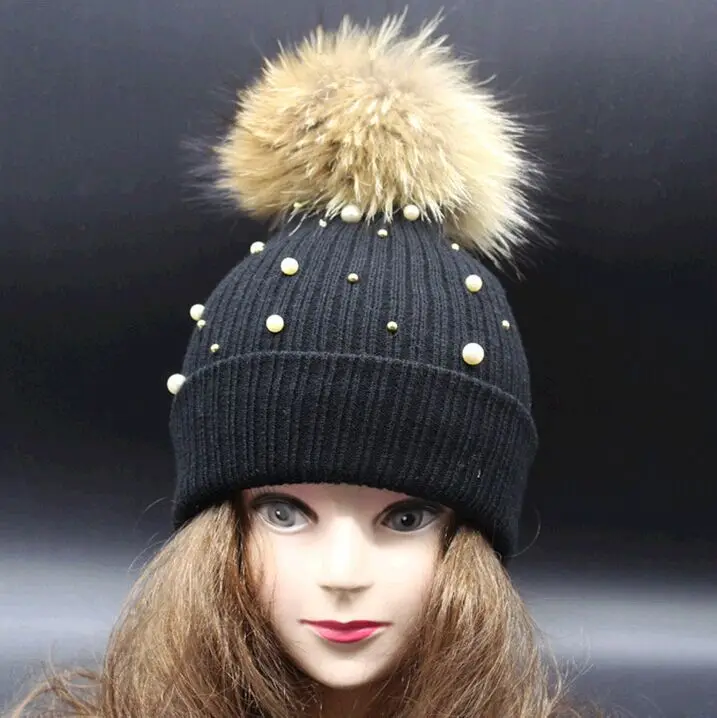 2015 Woolen Knitted Winter Hat Beanie With Fur For Real Raccoon Pom