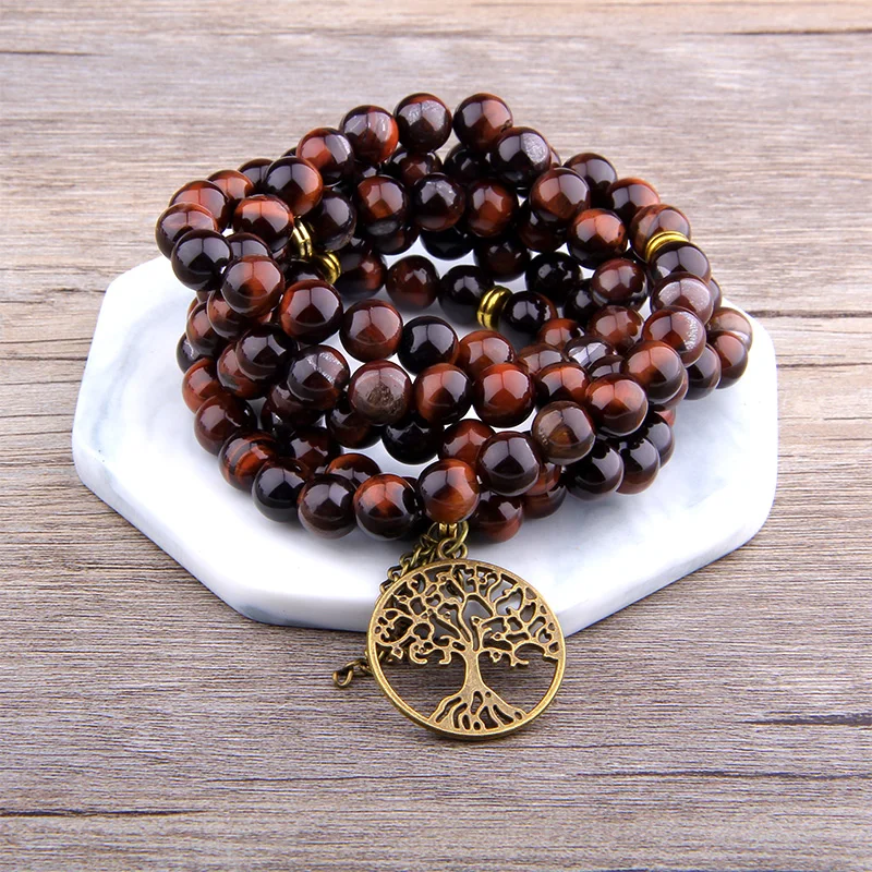 

Vinswet Red Yellow Tiger Eye mala stone Beads bracelet Tree of Life Silver Charm Bracelet for Men Women gift Jewelry wholesale