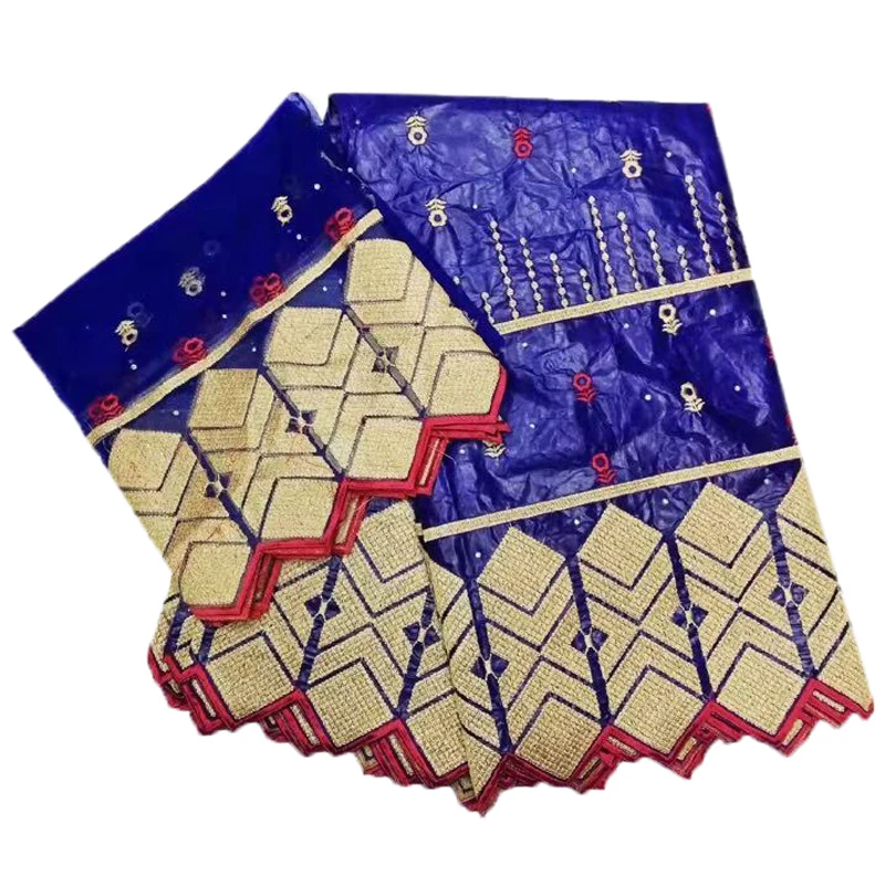 

HFX Nigeria Embroidered Wedding Lace Indian Bazin Riche Getzner Royal Blue/Gold African Lace Fabric with Rhinestones L214-3