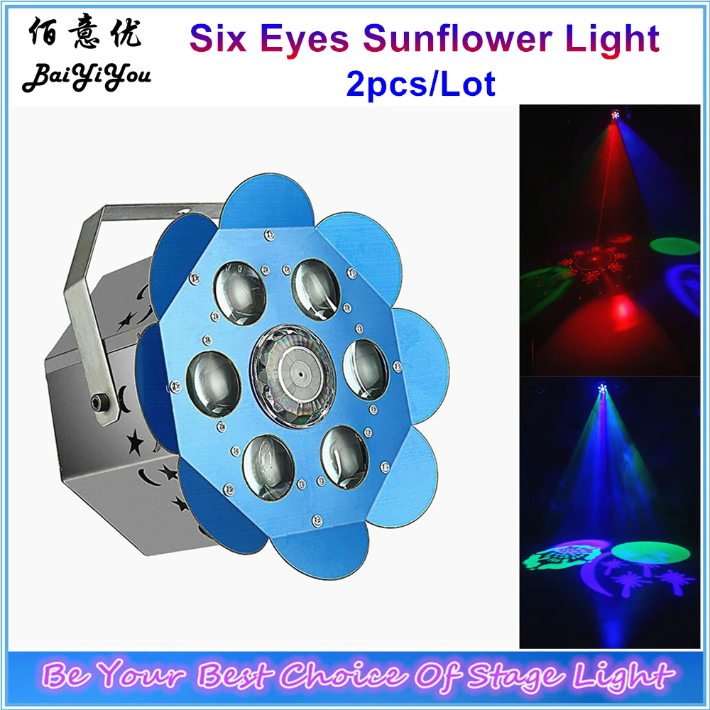 

2x Amazing Colorful LED Laser Effect Six Eyes LED Sun Flower Light With RGB LED Gobo Beam And RG Laser DJ Effect Light