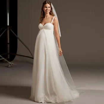

Plus Size Pregnant Wedding Dress Boho Sleeveless Bridal Gown Court Train Appliques Wedding Dresses 2019 Chiffon Sweetheart