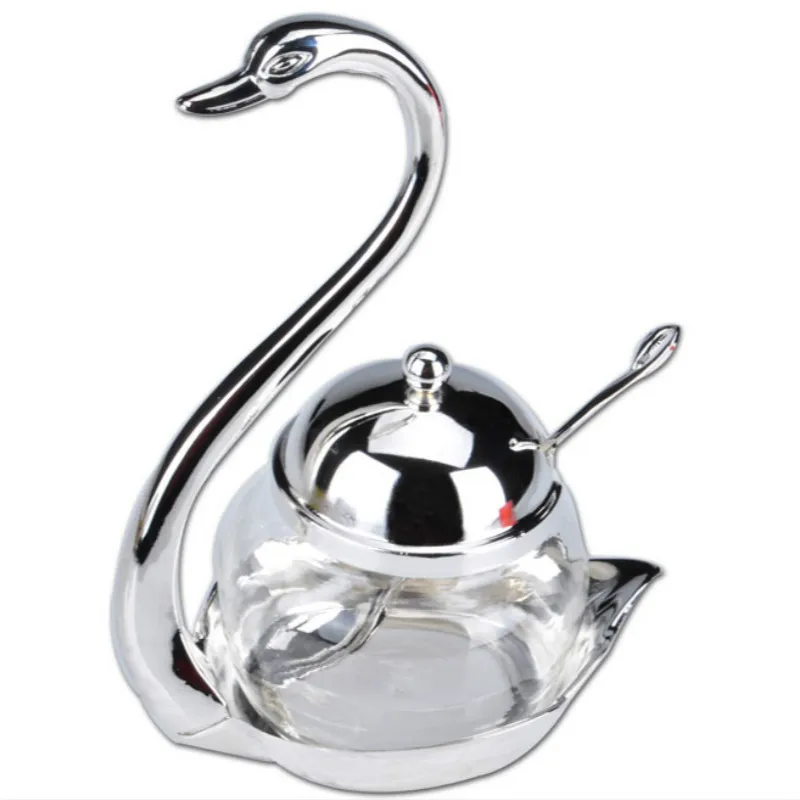 Swan Seasoning Bowl spice jar Metal sugar bowl with spoon Vidrio Creative cooking pots glass jam