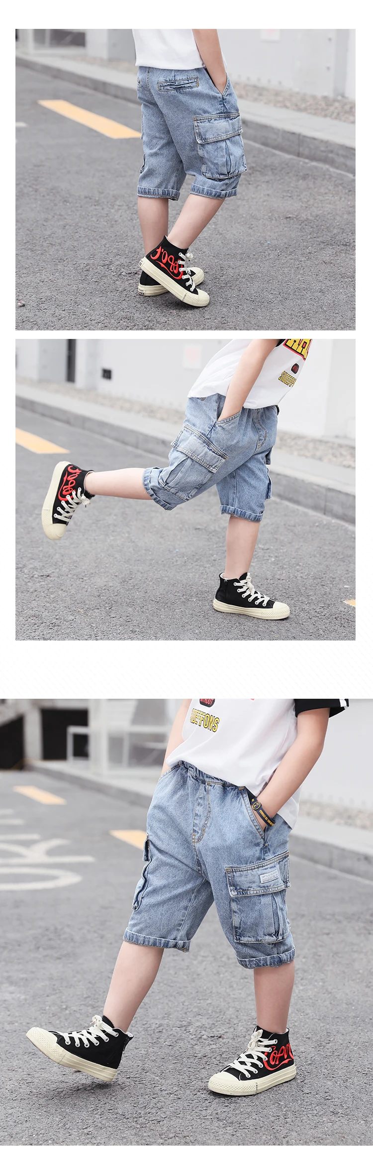 Calças de Brim Curto em Linha Calças de Carga Meninos Curtas Verão Crianças Casual Denim Calças 4y-13y Menino Macio Algodão Bolso Jeans Reta 4 Mamãe e Bebê