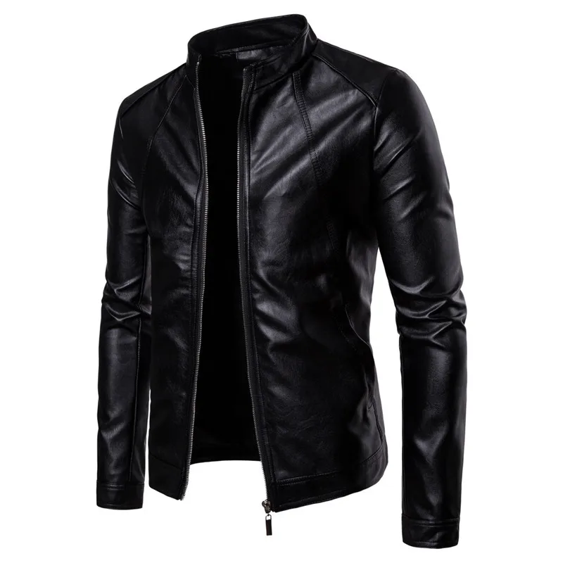 

2018 Autumn new Boutique Stand collar Men's Motorcycle Leather Wash PU Leather jacket Men's Large size Casual Black jacket