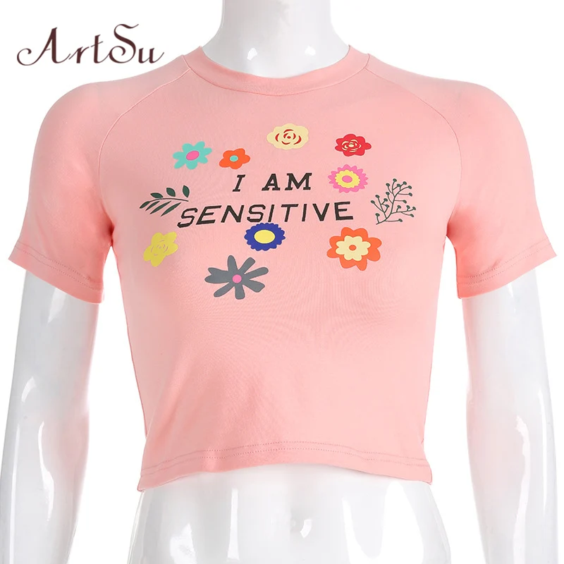Арцу летний розовый топ короткий рукав Футболка с принтом милые женские рубашки Повседневный укороченный топ Женская футболка Femme уличная одежда ASTS20745 - Цвет: Розовый