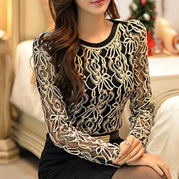 Новая женская шифоновая блузка с длинным рукавом и кружевом больших размеров,Топ,Элегантная Модная Повседневная рубашка 65A5 - Цвет: Черный