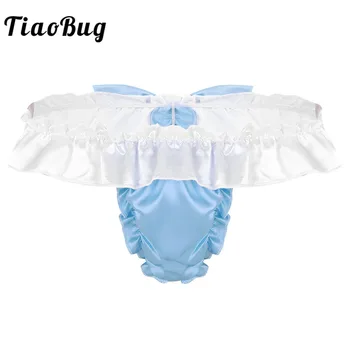 

TiaoBug Men Shiny Soft Satin Sissy Panties Ruffle Frilly Bowknot Low Rise G-string Thong Briefs Male Sexy Gay Lingerie Underwear
