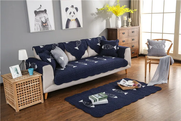 Современный простой Хлопковый чехол для дивана и диванных подушек вышивка маленькая рыба нескользящий чехол на диван полотенце четыре сезона универсальный