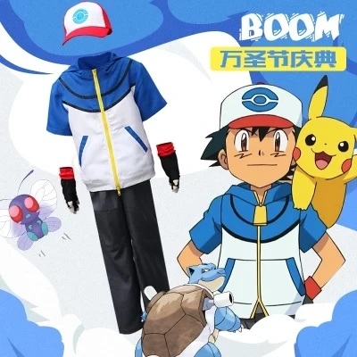 

High Quality Pokemon Ash Ketchum Cosplay Costume Hoodies + Pants + Gloves + Hat Ash Ketchum Costumes Free shipping