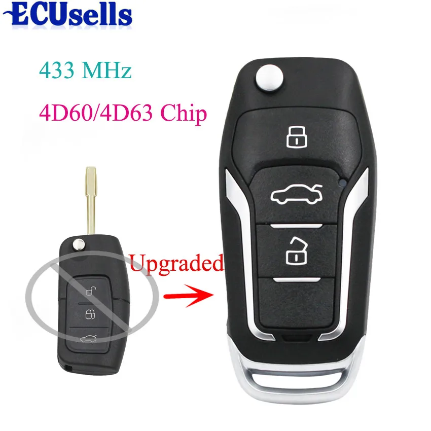 Обновлен к Замена Складные дистанционного брелока для Ford Mondeo Focus 3 кнопки 433 мГц 4D60/4D63 чип FO21 лезвие