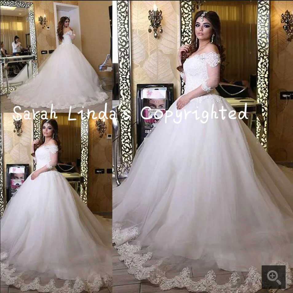 

2016 ball gown white off the shoulder wedding dress 3/4 lace appliques beaded bride dress princess puffy wedding dresses