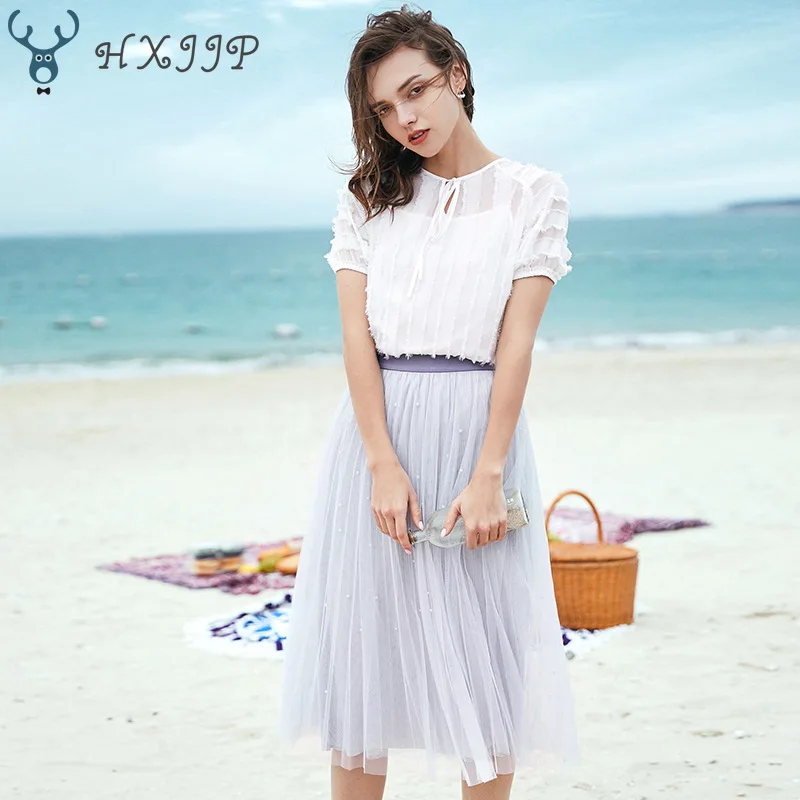 

HXJJP Summer New Fashion Women's Fashion Elastic Ribbon Mesh Stitching Pleated Skirt Fresh Sweet Half-length Skirt