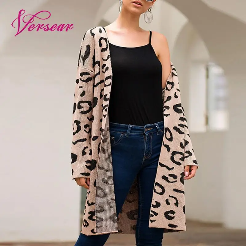 

Versear Women Knitted Long Cardigan Sweater Fashion Leopard Printed Open Front Drop Shoulder Long Sleeves Autumn Knitting Coat